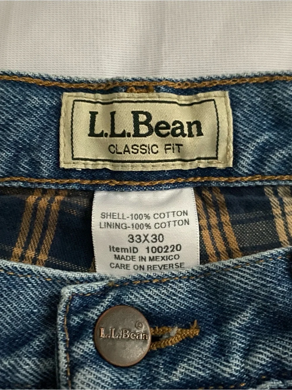 LL Bean Flannel Lined Jeans Mens 33x30 Classic Fit Blue Denim Plaid ID 100220